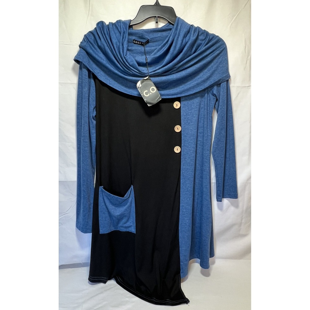 C.O.Z.Y Womens Shirt Dress Black Blue Color Block Pocket Cowl Neck Long Sleeve M